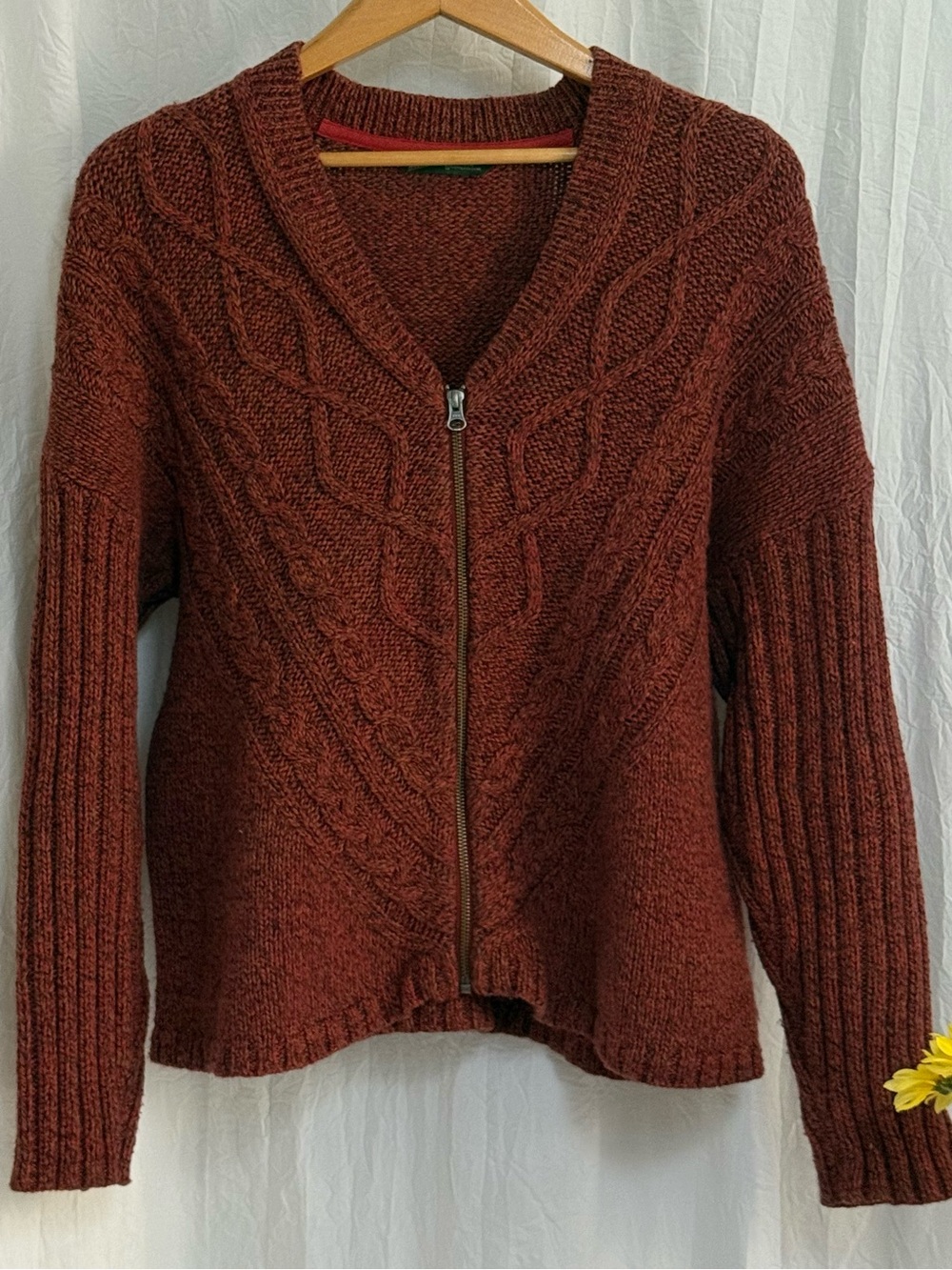 Woolrich Interlaken Cardigan Sweater XL Old Red Marl Cable Knit Merino Wool